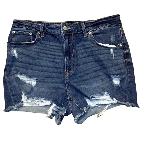 No Boundaries Dark Wash High Rise Distressed Denim Shorts Junior Size 13 - Picture 1 of 4